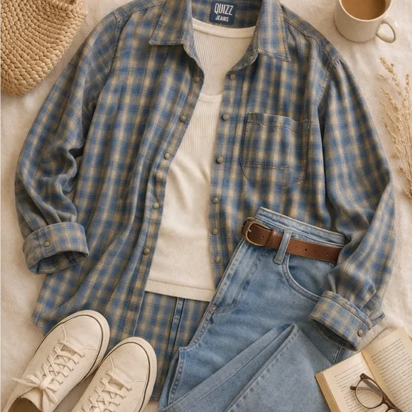 Quizz Jeans Blue & Tan Plaid Button-Up Shirt | Vintage Soft Flannel Feel | Large - Picture 2 of 4